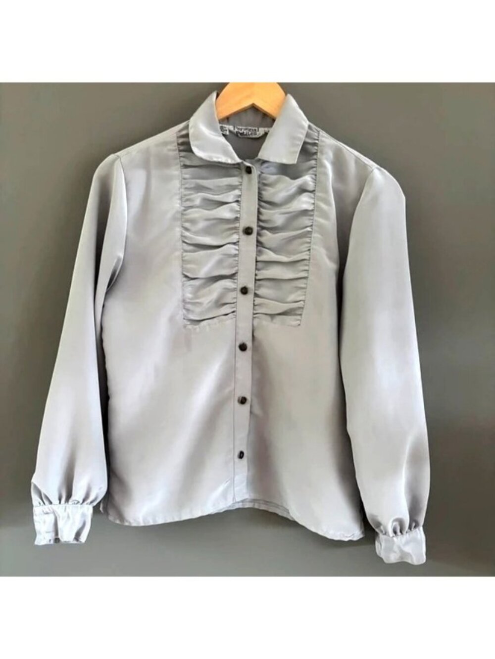 Vintage Personal Petites Top Ruffle Blouse Gray Button Long Sleeve Shirt Size 4